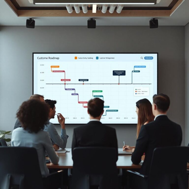 Management team reviewing project time line of their custom software development project